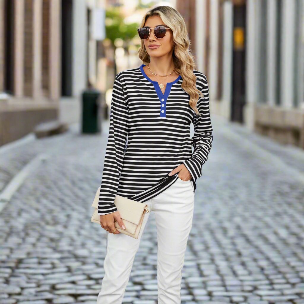 Women's V-neck Striped T-shirt hoozimstyle.com