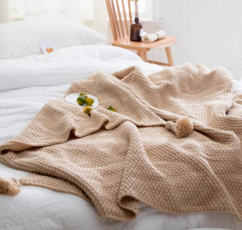 Nordic Fringed Knit Ball Wool Blanket - Soft and Cozy Acrylic Throw