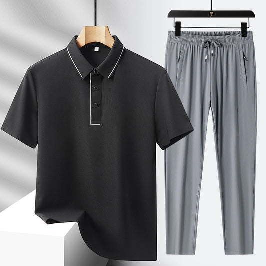 Men's Ice Silk Seamless Polo Shirt Trousers Suit