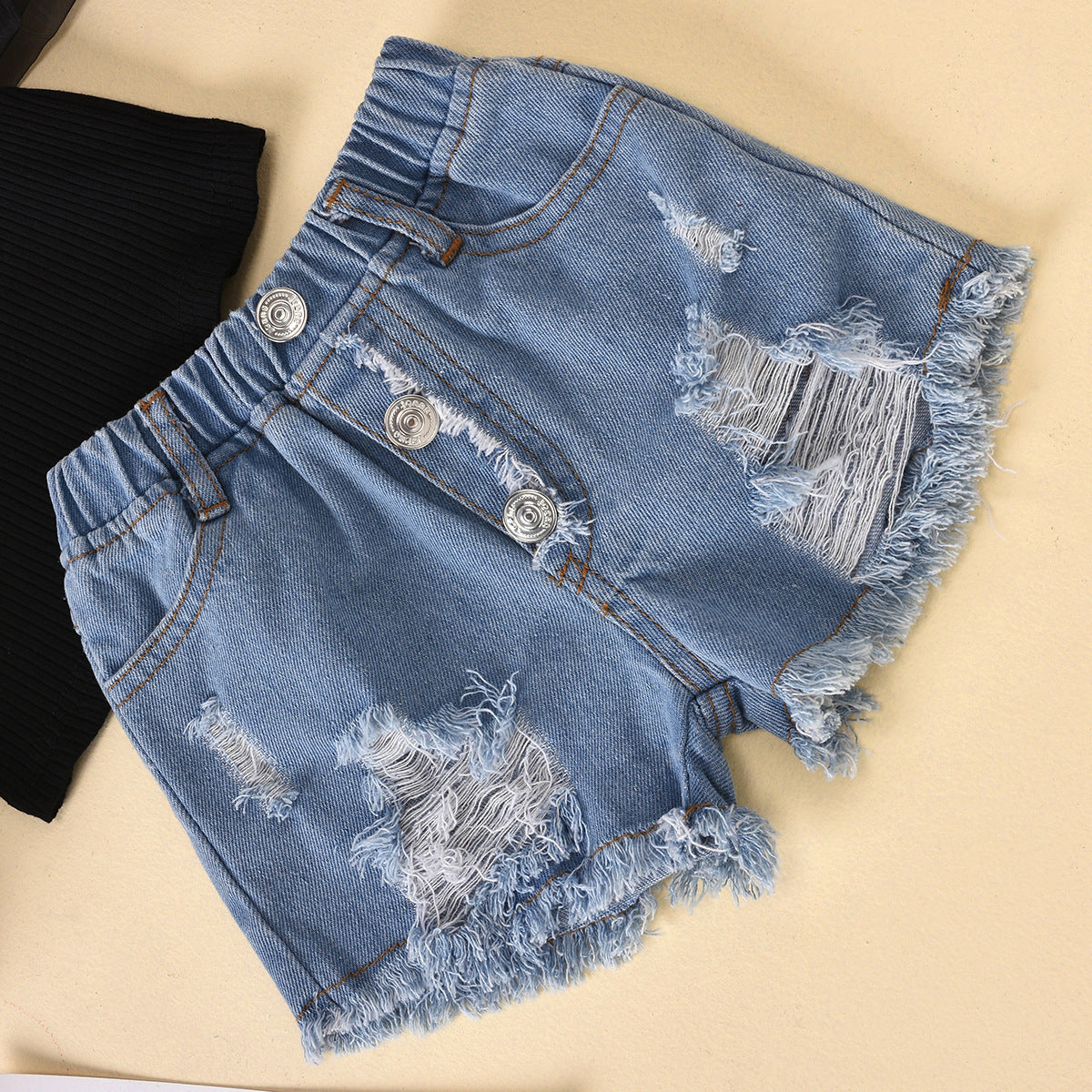 Kids Cotton Dot Mesh Shirt and Denim Shorts Suit