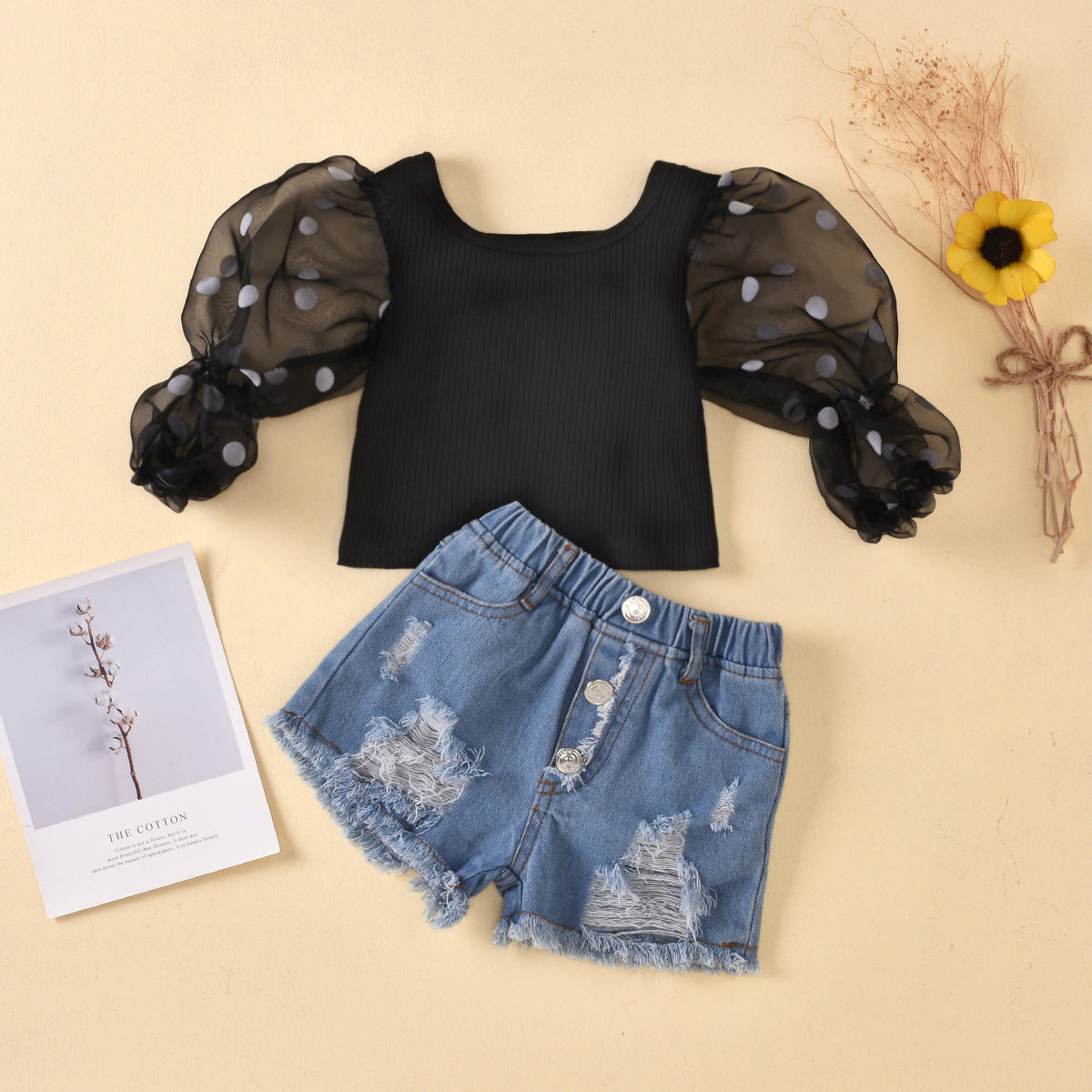 Kids Cotton Dot Mesh Shirt and Denim Shorts Suit