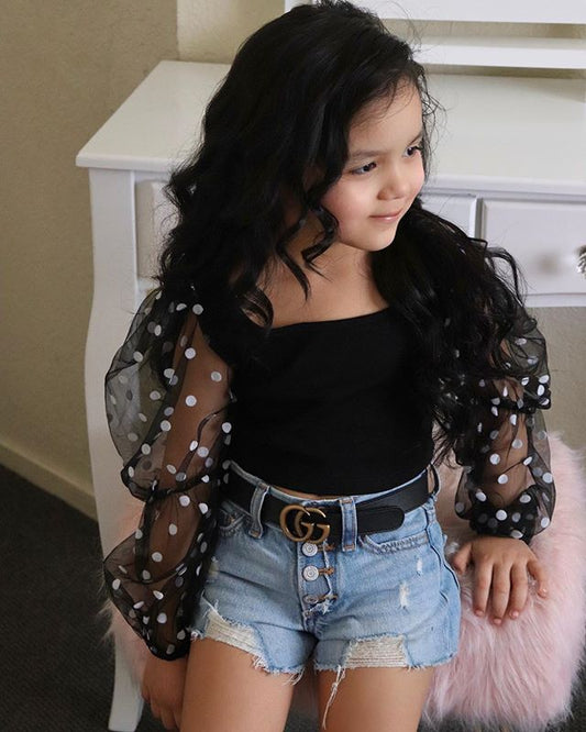 Kids Cotton Dot Mesh Shirt and Denim Shorts Suit