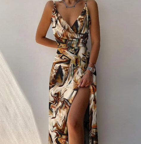 V-neck Slip Low Cut Printed Slit Dress