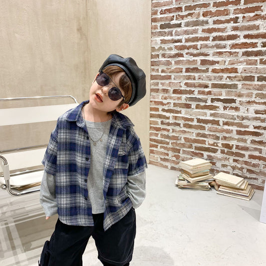 Boys Plaid Shirt Stitching T-shirt