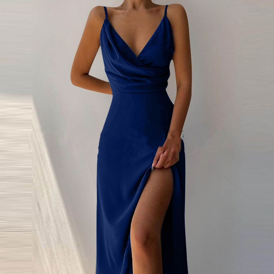 V-neck Slip Low Cut Printed Slit Dress