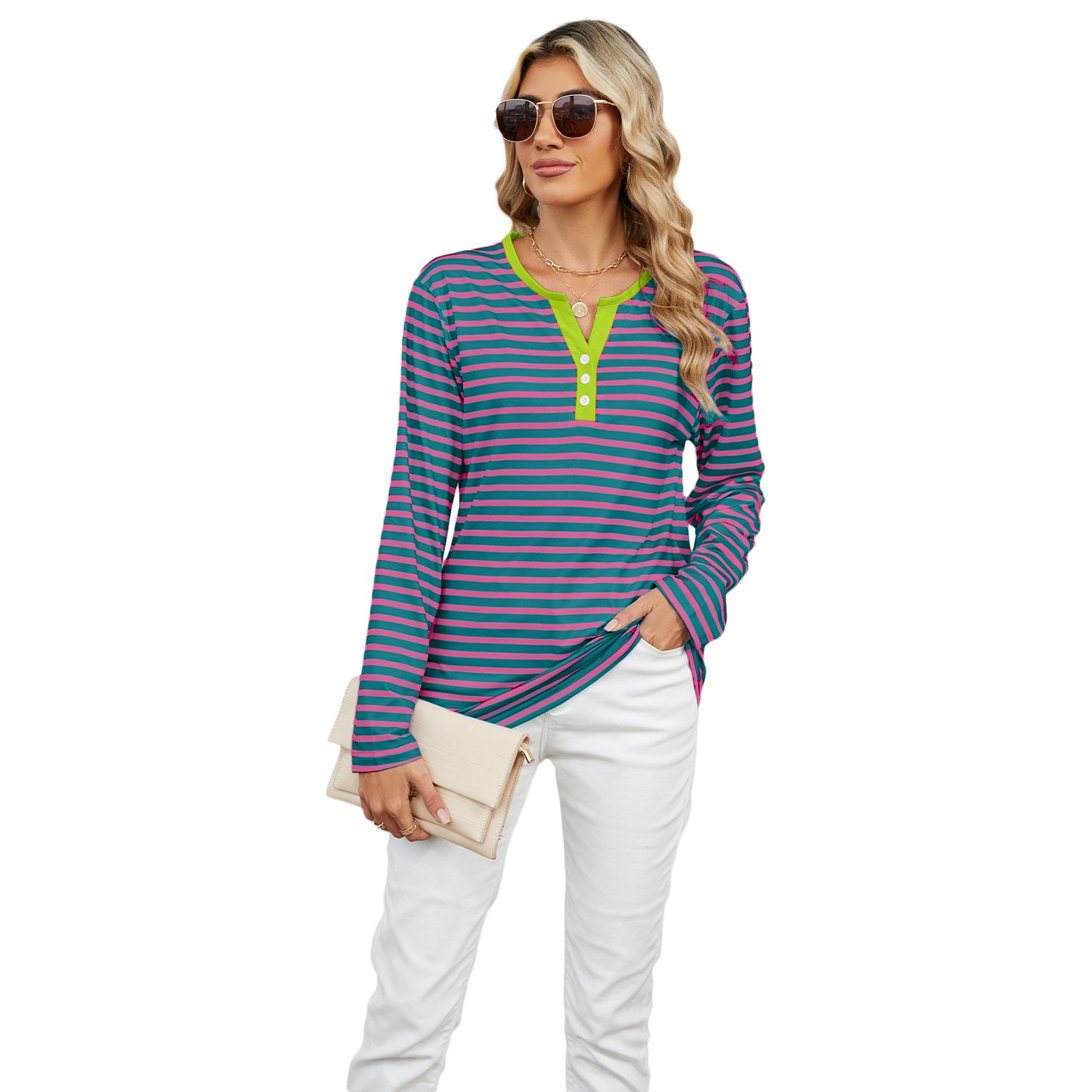 Women's V-neck Striped T-shirt