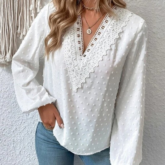 Lace V-neck Shirt With Puff Sleeves