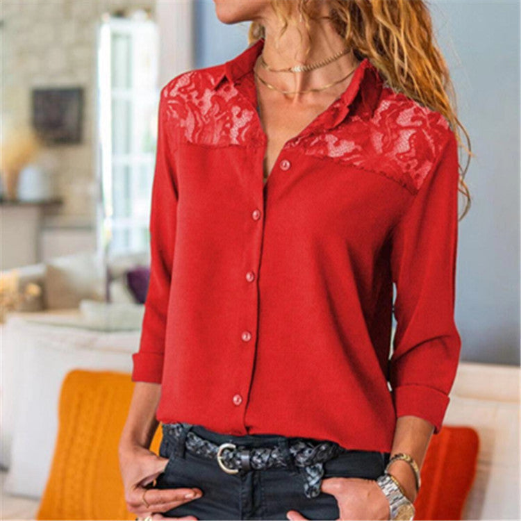 Women's Solid Color Lace Button Shirt