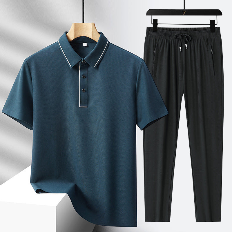 Men's Ice Silk Seamless Polo Shirt Trousers Suit