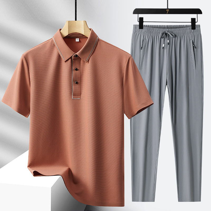 Men's Ice Silk Seamless Polo Shirt Trousers Suit