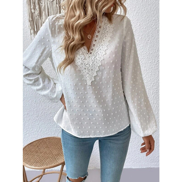 Lace V-neck Shirt With Puff Sleeves