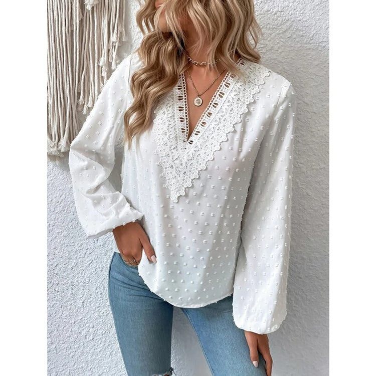 Lace V-neck Shirt With Puff Sleeves