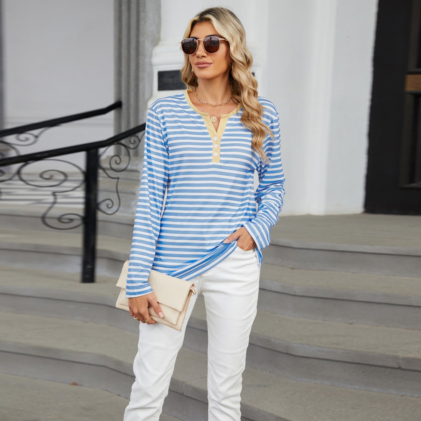 Women's V-neck Striped T-shirt