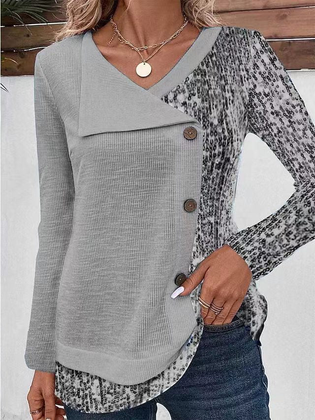 Female Pit Stripe Printed V-neck Button Top