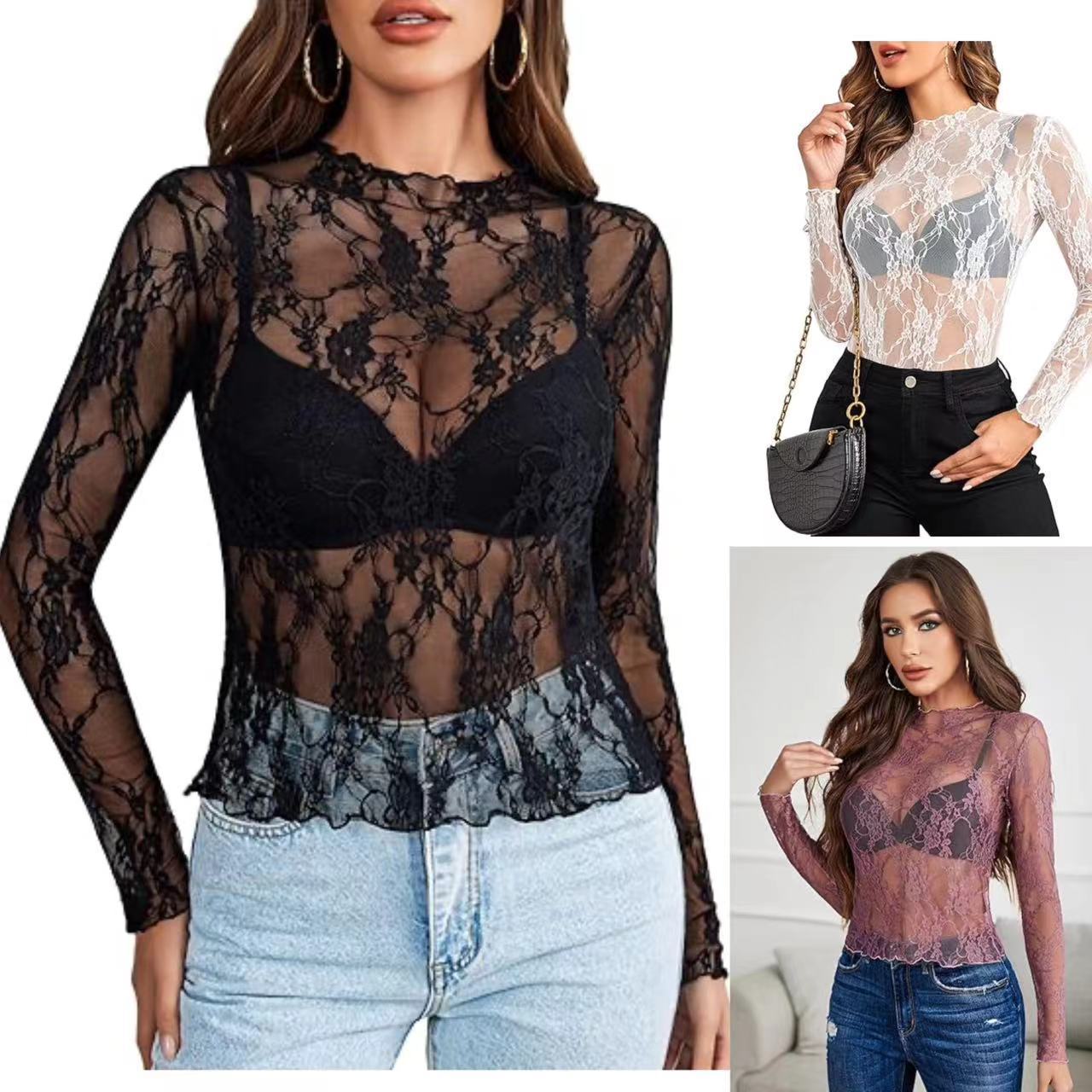 Women's Lace Blouse Transparent Shirt