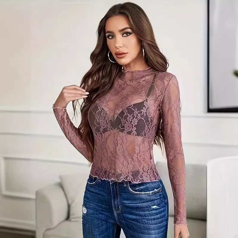 Women's Lace Blouse Transparent Shirt