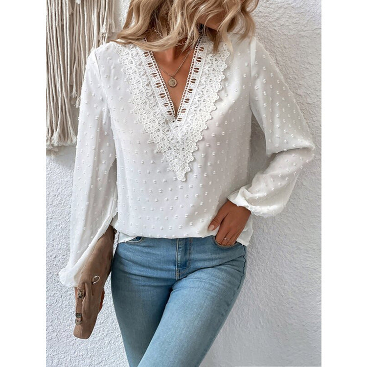 Lace V-neck Shirt With Puff Sleeves