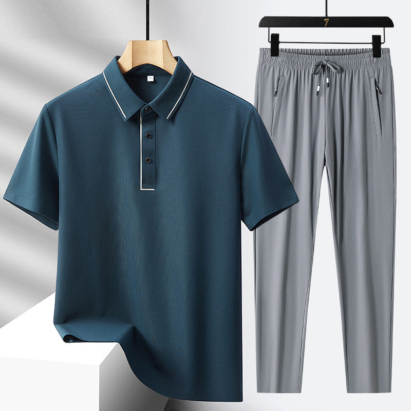 Men's Ice Silk Seamless Polo Shirt Trousers Suit