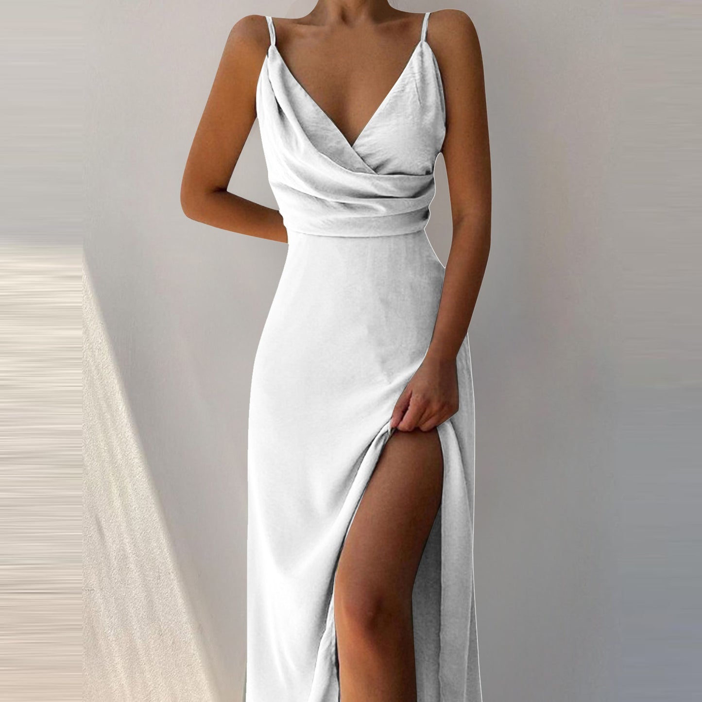 V-neck Slip Low Cut Printed Slit Dress