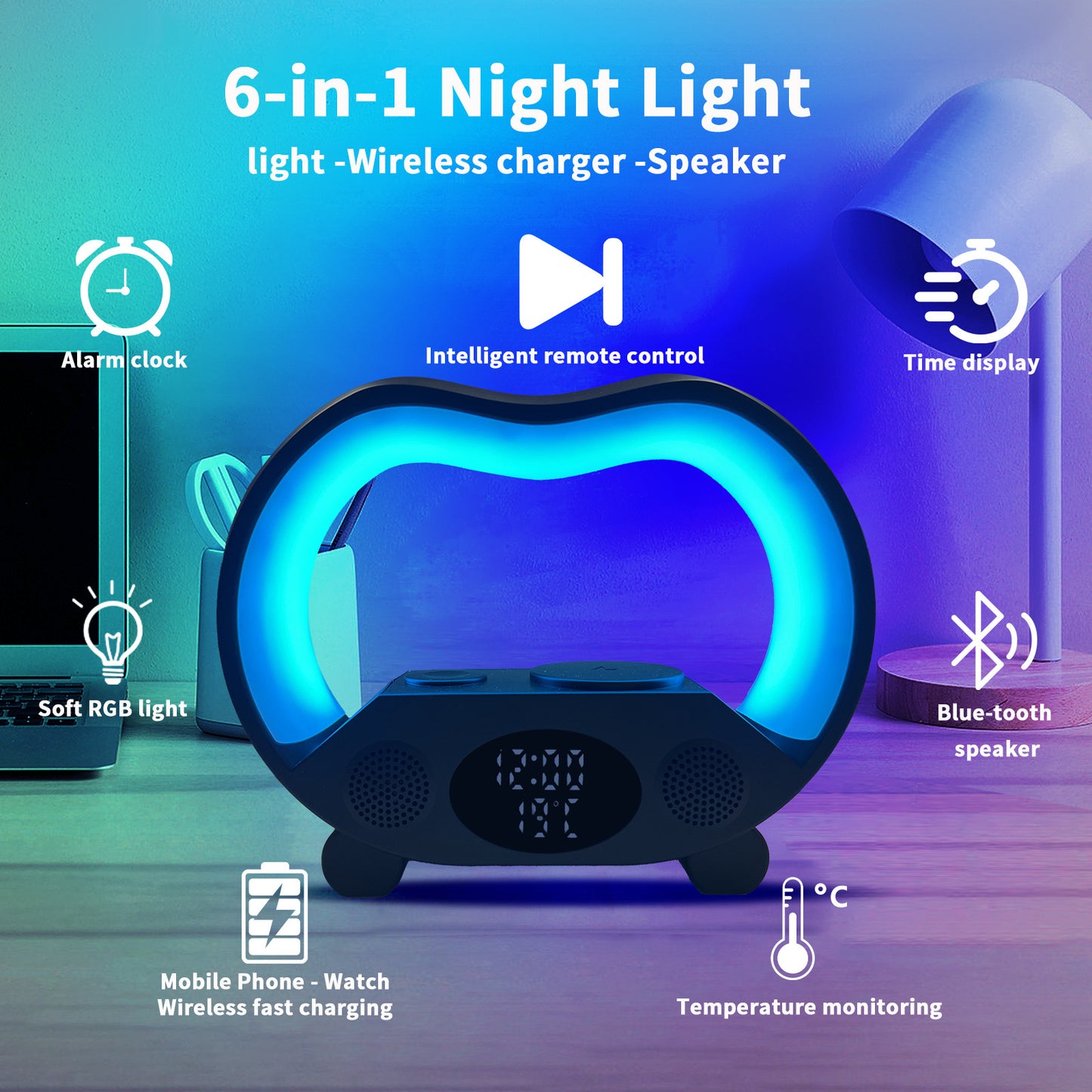 Night Light Wireless Charger and Speaker - 6 in 1