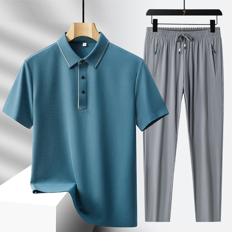 Men's Ice Silk Seamless Polo Shirt Trousers Suit