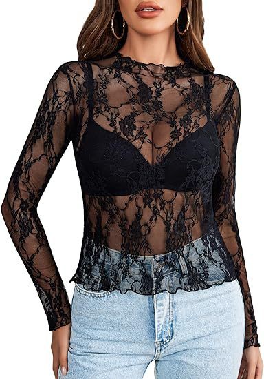 Women's Lace Blouse Transparent Shirt