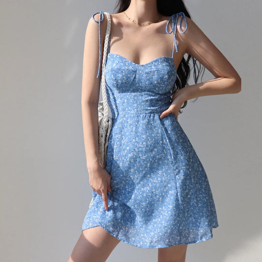 Blue Laced Floral Strap Elegant Dress Hoozim Style