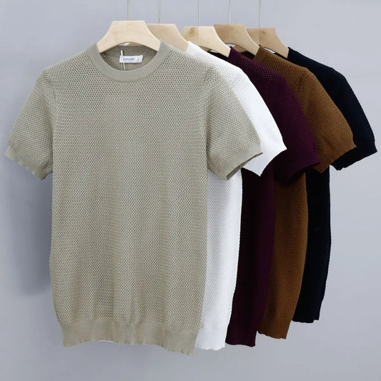 Men's Ice Silk Knitted Round Neck T-shirt Hoozim Style