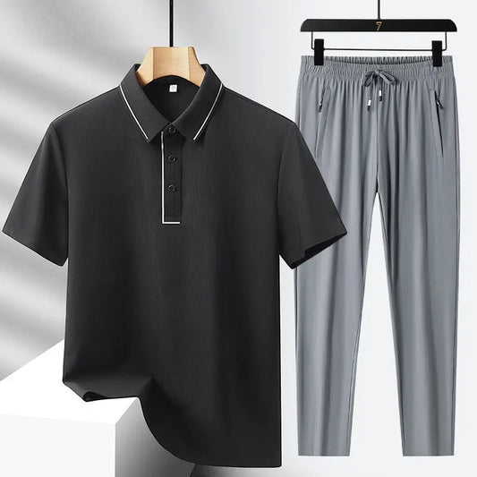 Men's Ice Silk Seamless Polo Shirt Trousers Suit Hoozim Style