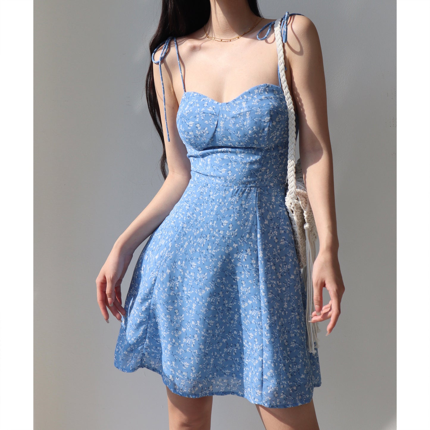 Blue Laced Floral Strap Elegant Dress