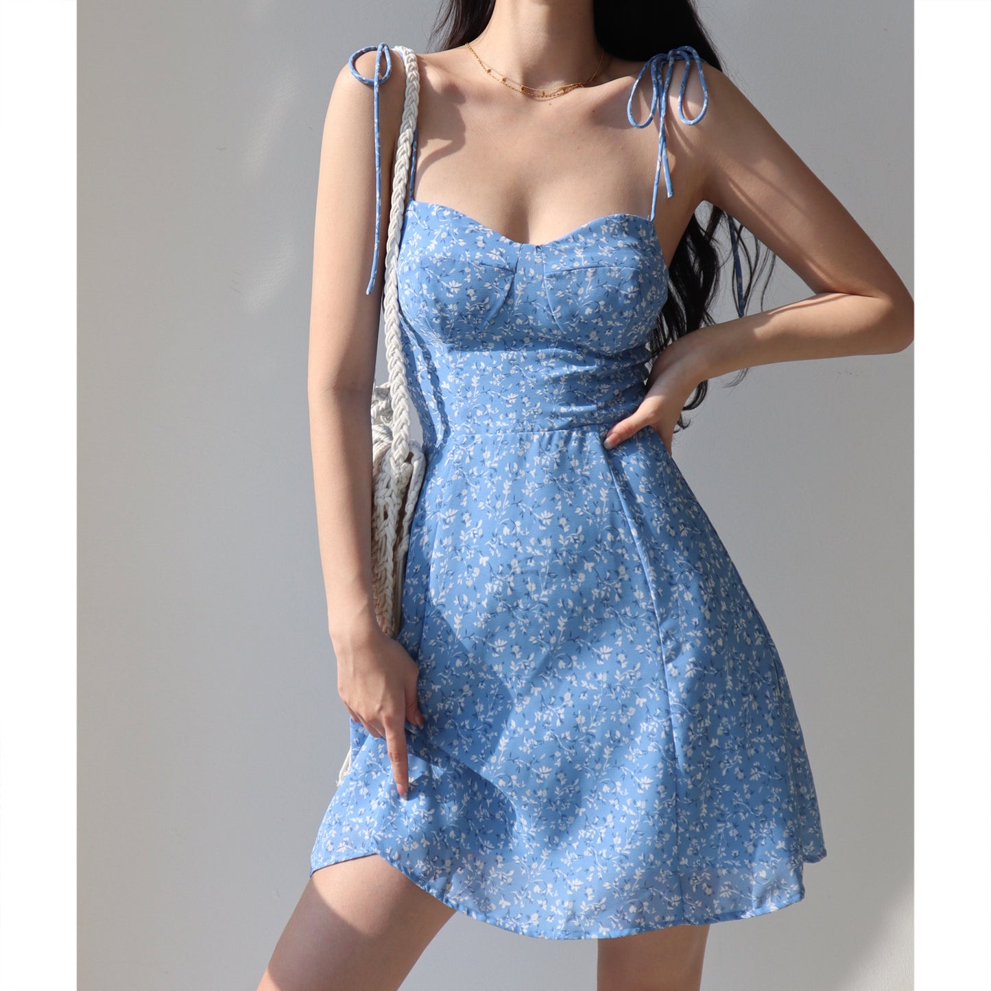 Blue Laced Floral Strap Elegant Dress