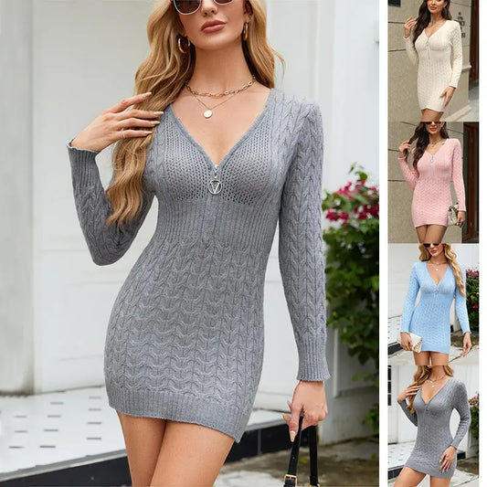 Slim Zipper V-Neck Hip Dress Hoozim Style