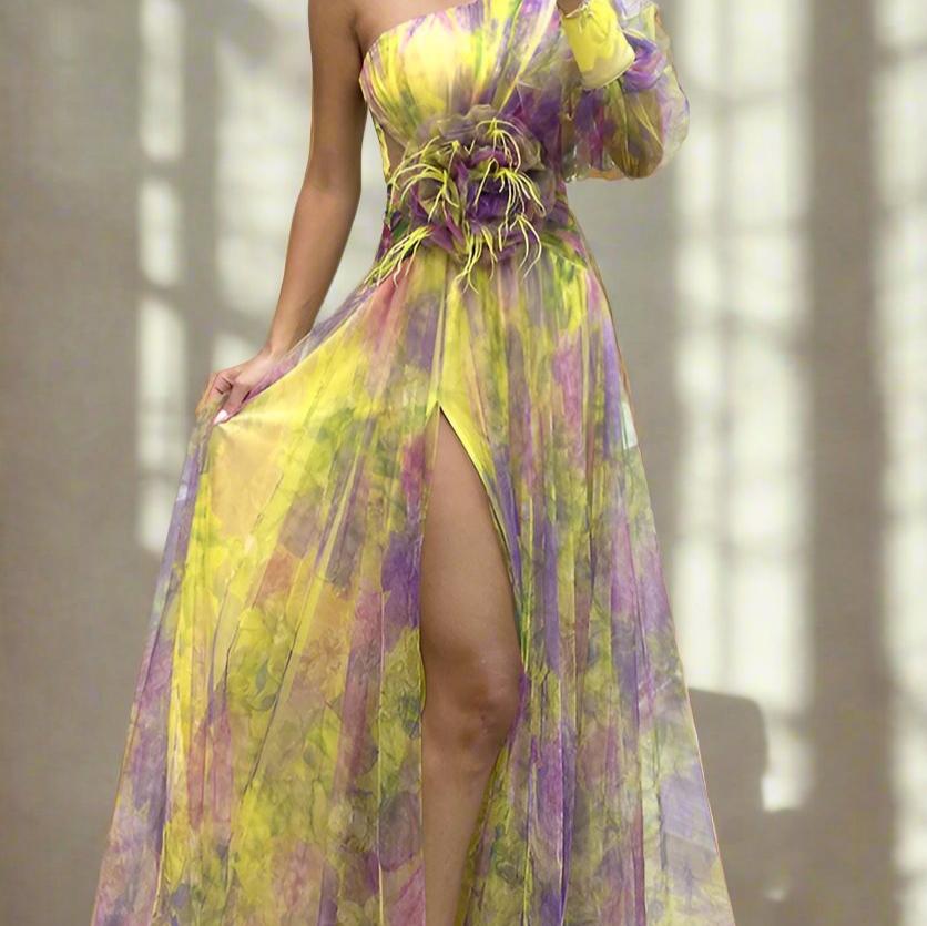 Tie-dye Printed Off-shoulder Slit Dress hoozimstyle.com