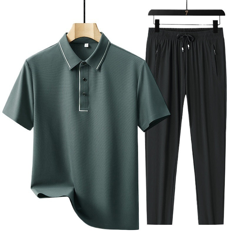 Men's Ice Silk Seamless Polo Shirt Trousers Suit