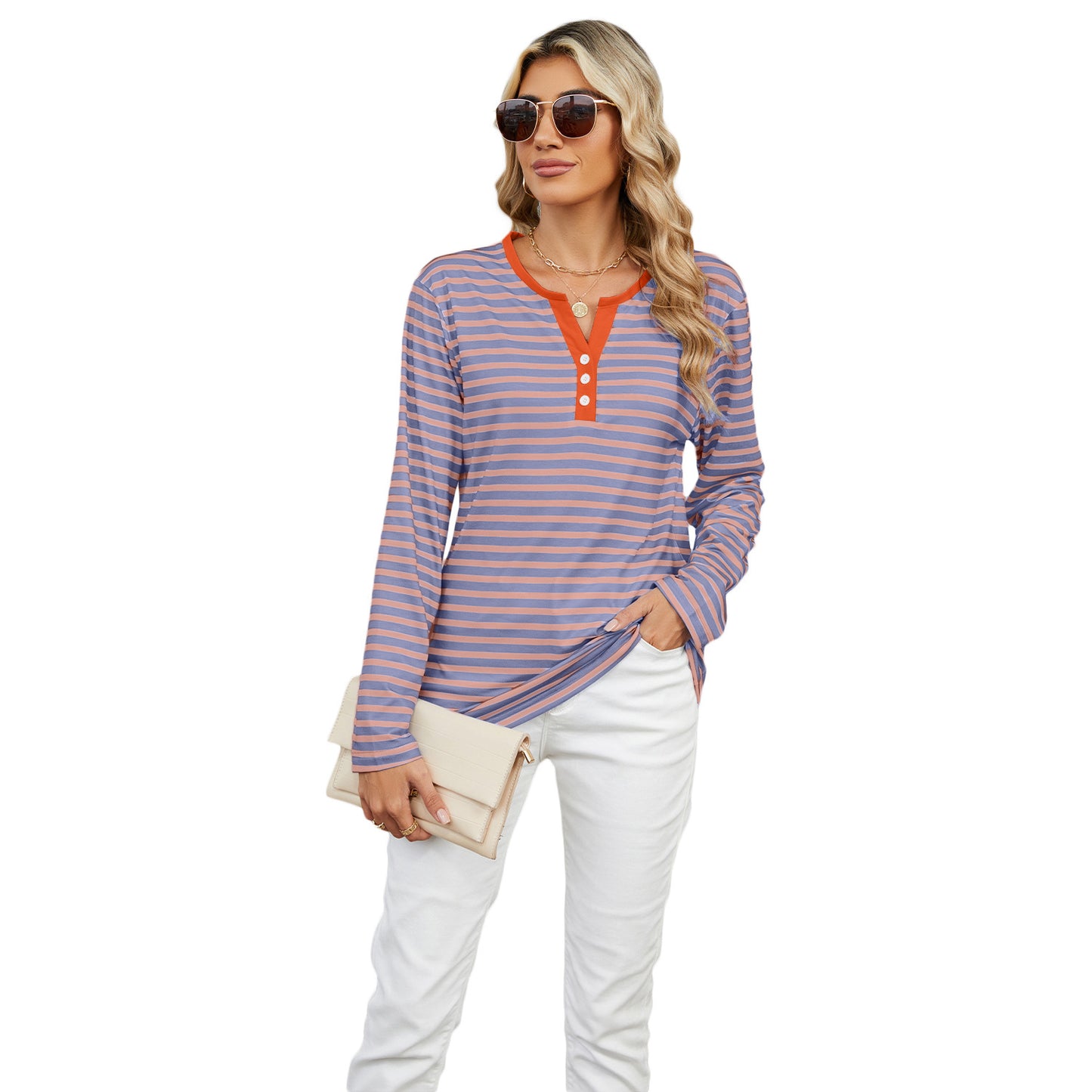 Women's V-neck Striped T-shirt