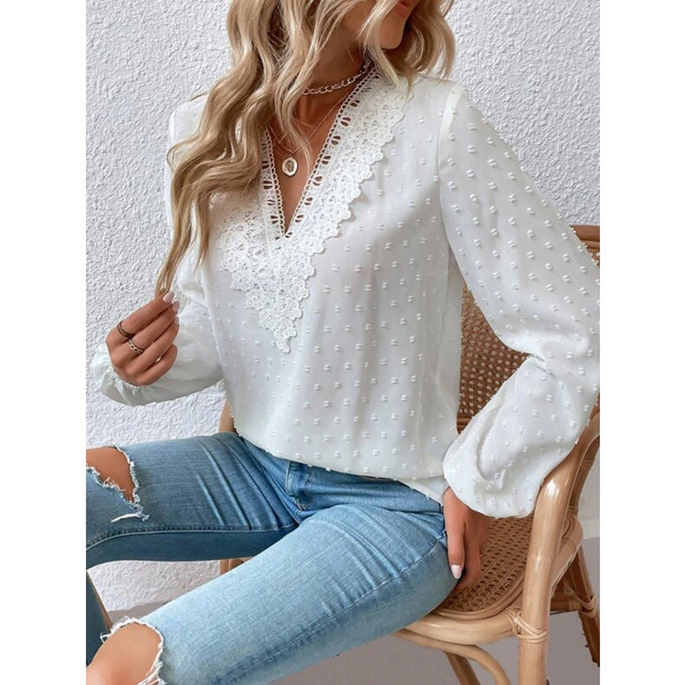 Lace V-neck Shirt With Puff Sleeves