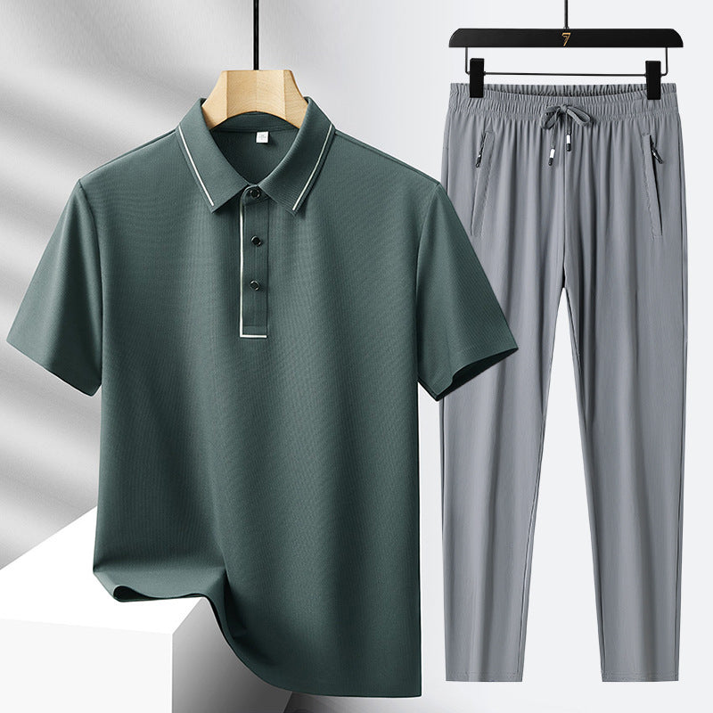 Men's Ice Silk Seamless Polo Shirt Trousers Suit