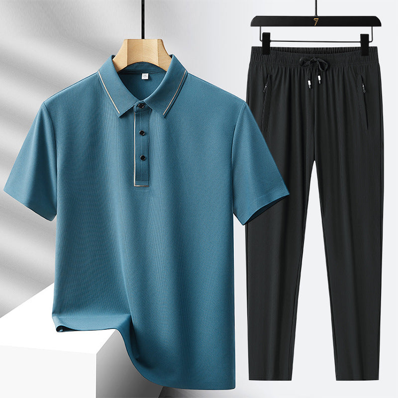 Men's Ice Silk Seamless Polo Shirt Trousers Suit