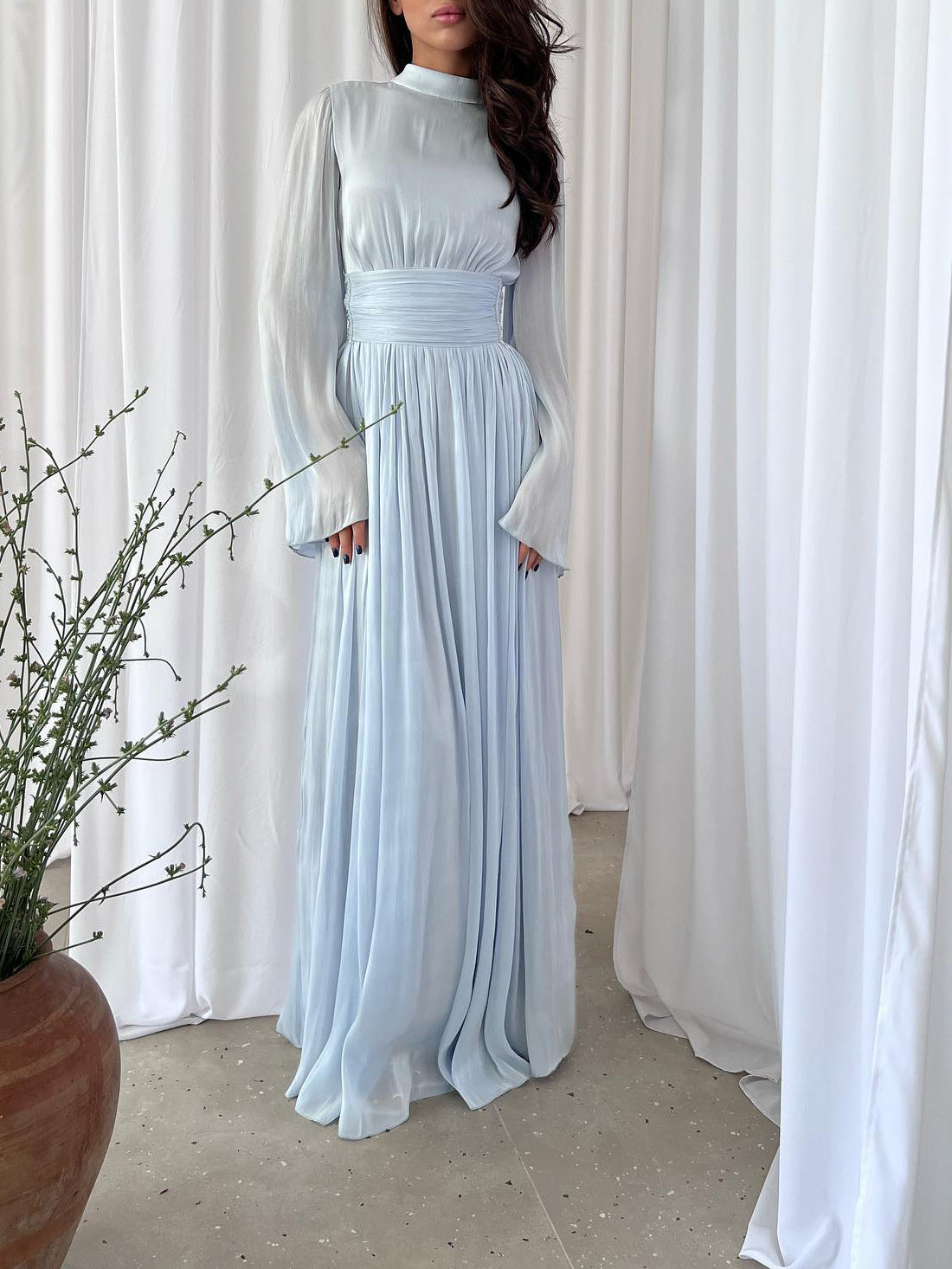 Long Sleeve Silk Organ Elegant Maxi Dress