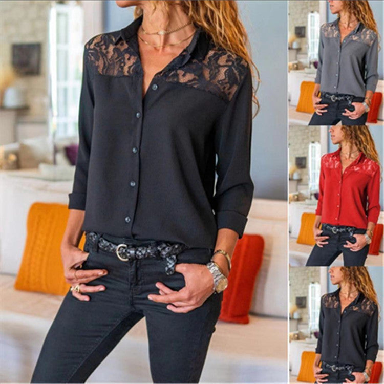 Women's Solid Color Lace Button Shirt