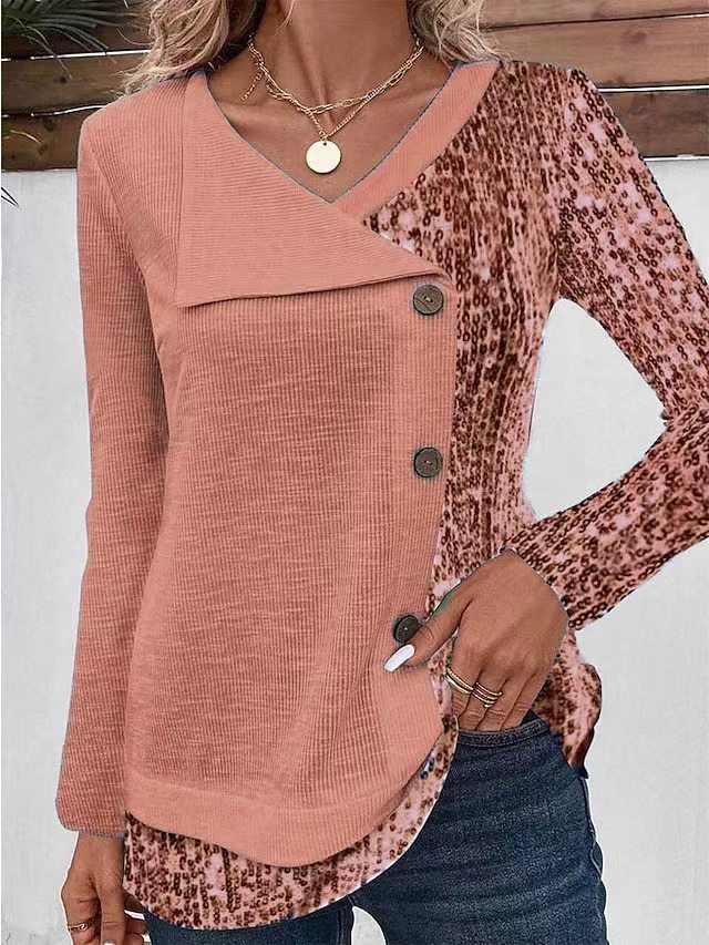 Female Pit Stripe Printed V-neck Button Top