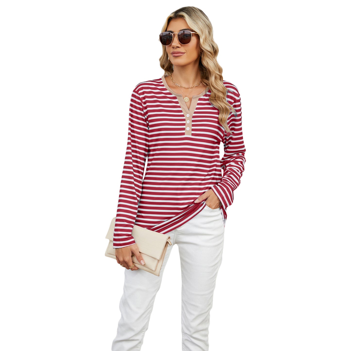 Women's V-neck Striped T-shirt